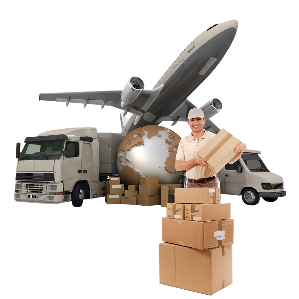 Man holding packages with airplane and trucks in background representing global shipping logistics